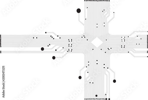 Abstract circuit board pattern with black lines and dots on white background representing digital connectivity and electronic data flow in technology.