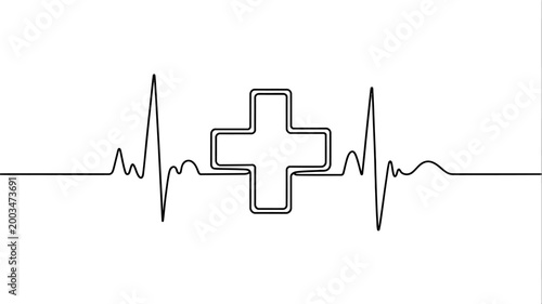 Continuous line art of a medical cross symbol with a heart beat pulse rhythm for healthcare and hospital design concept in black ink style Vector, illustration
