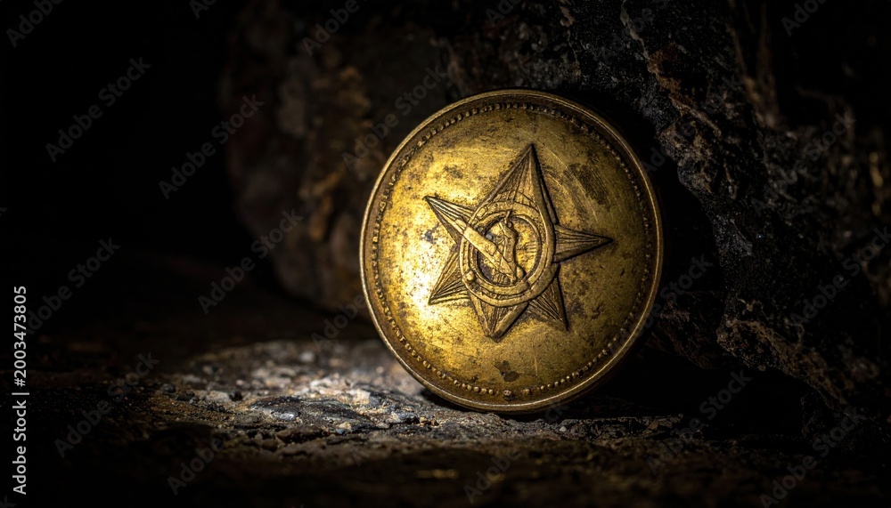 Fototapeta premium A tarnished brass military button with a detailed star insignia glinting under a sharp beam of light, capturing the essence of historical service and forgotten artifacts of the past.