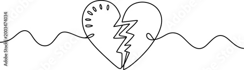 Continuous single line drawing of a broken heart symbol representing sadness and emotional pain in a minimalist artistic style design Vector, illustration
