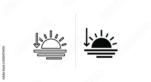 Scenic sunset icon set representing evening twilight and atmospheric light conditions over the horizon