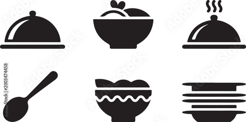 Set of black food and kitchen utensil icons representing dining service and meal preparation