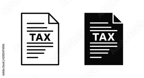 Official tax document vector illustration with outline and filled icon versions representing financial obligations and legal paperwork