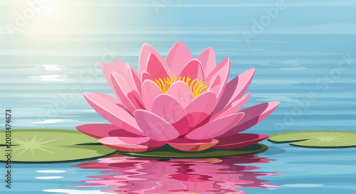 Vector illustration of a pink lotus flower floating on a calm blue water surface with green lily pads, showing detailed petals, yellow center, and pink reflection in the water.