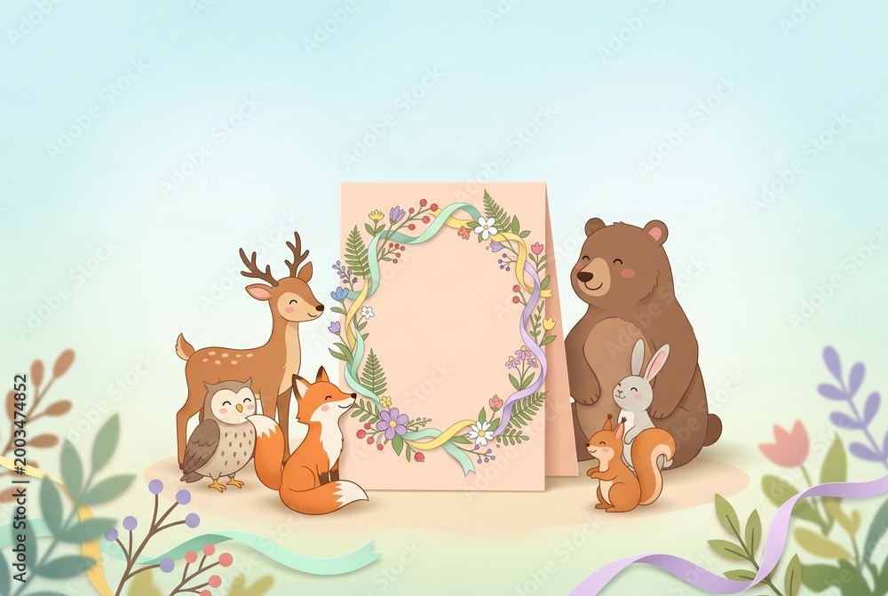 Fototapeta premium Smiling woodland animals gathered around floral decorated card