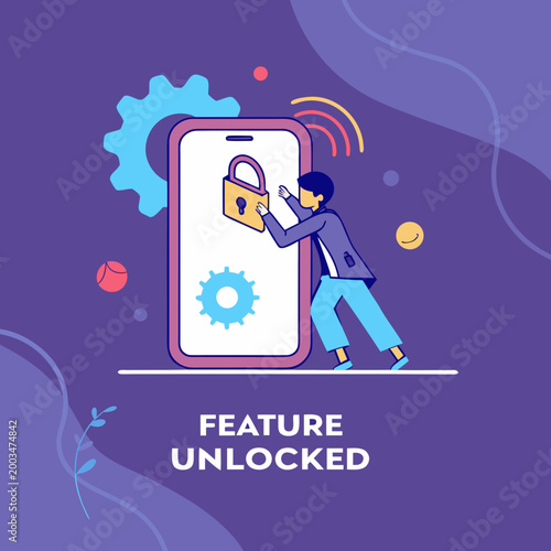 Photography Person unlocking smartphone feature with padlock and gear mobile phone