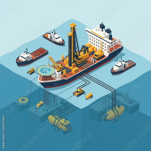 Offshore oil rig platform with support vessels and underwater equipment.