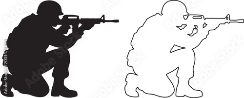 Soldier silhouette with barreled shotgun in squat pose icon for military combat tactical army vector design