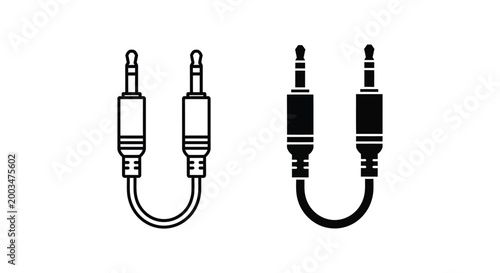 Auxiliary audio cable plug connector line art and solid glyph icons for music and sound connectivity