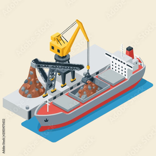 Cargo ship being loaded with bulk material at a port by a crane.