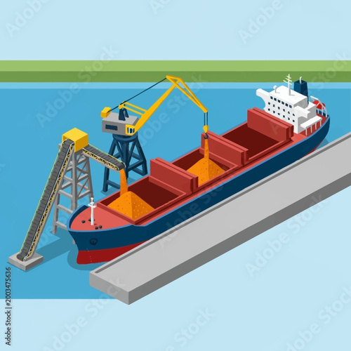 Cargo ship loading bulk material at a port with crane.