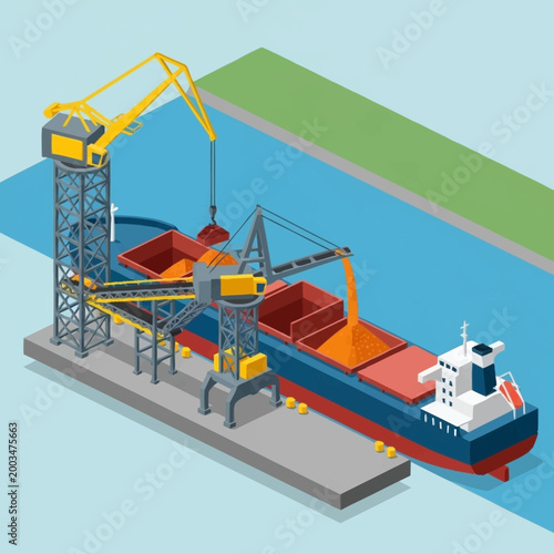 Industrial port crane loading cargo ship with bulk material.