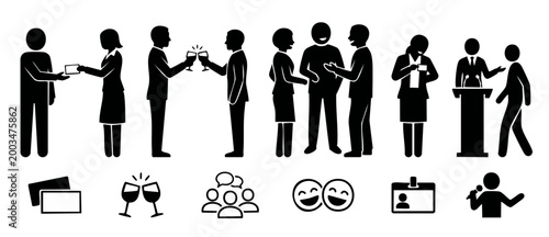 Business People Networking Icons Set, Professional Social Interaction Pictograms, Corporate Meeting Activities, Handshake, Toasting, Speaking At Podium, Exchange Of Contact Cards, Office Teamwork Vect