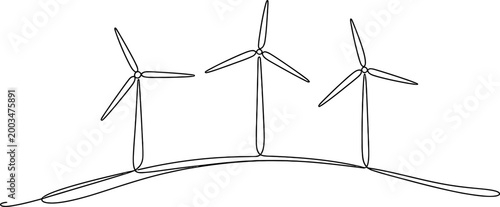 Three wind turbines in a row drawn with a single continuous line style for renewable energy and sustainable power generation concepts Vector, illustration