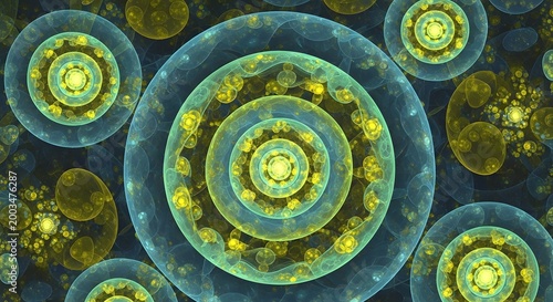 Abstract fractal circles and bubbles in blue and yellow