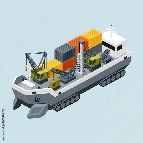 Cargo ship with cranes and containers on blue background.