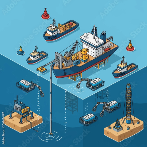 Offshore oil rig platform with ships and underwater equipment.