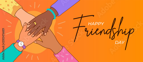 Happy Friendship Day banner with diverse hands stacked together. People of different ethnicities holding hands. Unity, support and partnership concept in flat vector style.