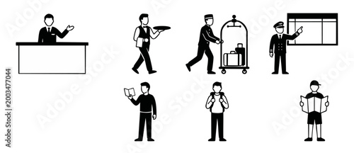 Travel and Hotel Staff Icons Set: Receptionist, Waiter, Bellhop, Pilot and Tourists with Luggage, Map, and Passport for Hospitality, Tourism, and Vacation Services Infographics and Web Design