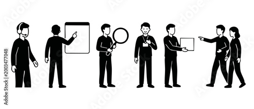 Business people flat vector characters set for office interaction concepts, including team meeting presentation, customer support, data analysis, warehouse logistics, and professional collaboration.