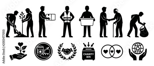Volunteering and Charity Icons Set, Social Work and Community Help Symbols, People Working Together for Non-profit Organizations, Environmental Protection and Humanitarian Aid Illustrations in Flat St