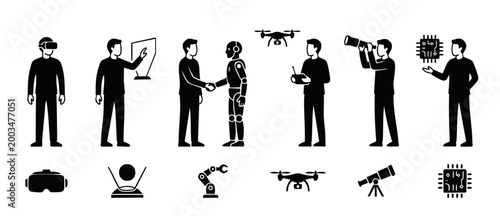 Technology Icons Set Featuring People Interacting With Digital Innovation, Artificial Intelligence, Robotics, VR Headsets, Drones, And Futuristic Scientific Equipment For Modern Business Digital Solut
