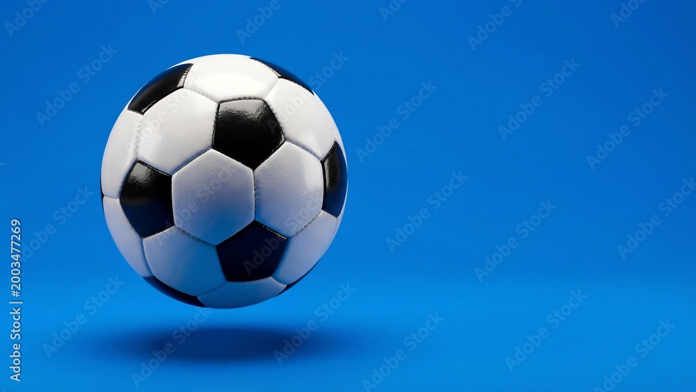 Fototapeta premium Floating soccer ball isolated on clean blue background with soft shadow, minimal sports product mockup for branding, advertising, poster design, web banner and promotion art setsAI