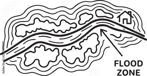 Professional Floodplain Mapping Vector Icon Showcasing Contour Lines for Hydrological Analysis, GIS Applications, Environmental Planning, Risk Assessment, Urban Development, Water Resource