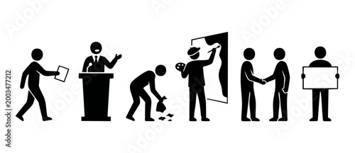 People icons collection, stick figure activities and professional actions set for business, public speaking, art, cleaning and social interaction, simple black vector silhouettes on white background