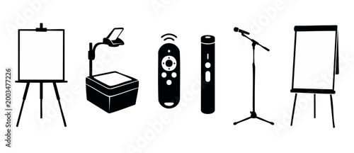 Presentation equipment icons set, conference tools and meeting supplies vector silhouettes, projector overhead remote microphone flipchart and easel for business training workshops and educational sem