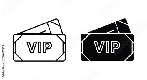 VIP pass or ticket icon outline and solid fill versions presented side by side representing exclusive access and special status