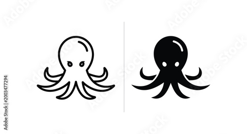 Octopus icon outline and solid fill versions presented side by side illustrating marine life and sea creatures
