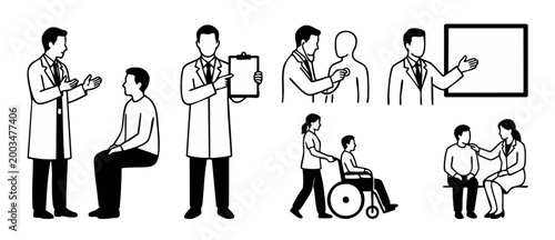 Doctor patient icon set, medical consultation and examination line art collection for healthcare professional communication, hospital staff vector illustration with clipboard stethoscope and wheelchai