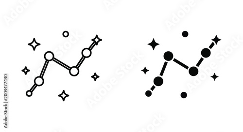 Abstract zigzag line constellation icon with stars and dots in outline and silhouette forms for creative design