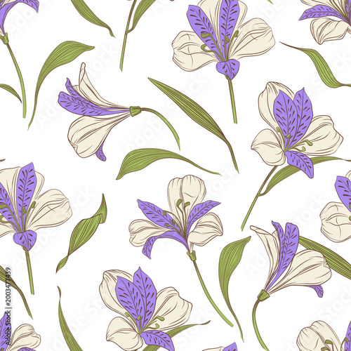 Seamless pattern with alstroemeria flowers and leaves. Elegant botanical vector illustration with purple and cream petals, decorative floral background for textile, wrapping, and surface design.