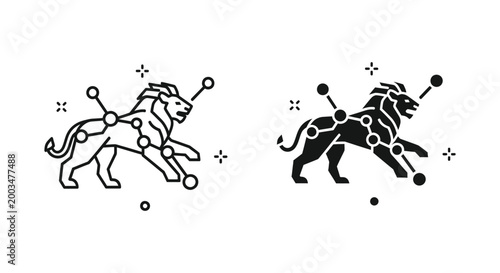 Stylized lion constellation icon in outline and silhouette styles representing zodiac sign Leo for astrology