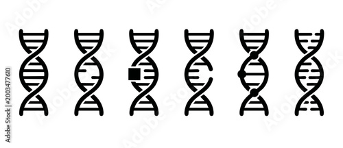 DNA helix icon set, genetic modification and biotechnology symbols, science research, genome sequence, mutation and editing, digital biological vector graphic design, isolated on white background flat