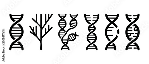 DNA Structure Icon Set: Scientific Helix Symbols for Biotechnology, Genetic Engineering, Molecular Biology, and Medical Research. Linear Black Graphic Elements Isolated on White Background for Lab Des