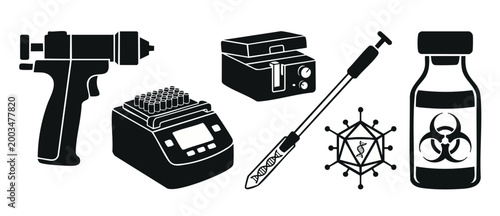 Laboratory Equipment Icons Set for Biotech Research and Medical Diagnostics. Science vector black silhouettes featuring pipettes, centrifuges, vials, dna structures, and hazard symbols on white backgr