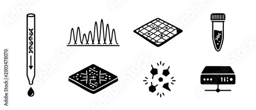 Biotechnology and Bioinformatics Icon Set: DNA Sequencing, Laboratory Analysis, and Genetic Research Symbols for Modern Scientific Digital Infrastructure and Genomic Data Processing in Black and White