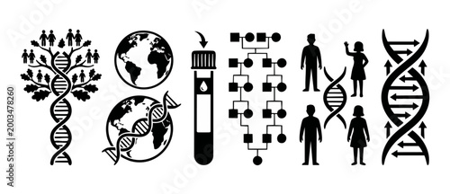 Genetics and DNA Ancestry Icons Set, Scientific Genealogy Research Symbols with Family Tree, Human Genome Helix, Blood Test Tube, and Hereditary Pedigree Charts for Biotechnology and Medical Science C