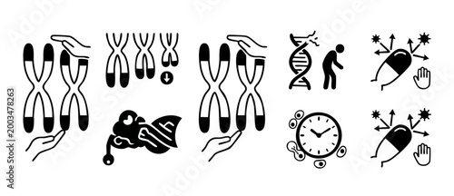 Chromosome protection and aging icons set, biology medical research and genetic therapy concept, DNA repair symbols, cell lifespan, virus protection, genome medicine isolated black vector illustration