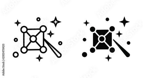 Digital transformation and innovation vector icon showing magic wand interacting with interconnected data points and sparkles