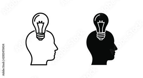 Innovative idea generation and creative thought process vector icon depicting human head with glowing lightbulb