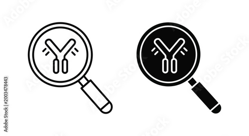 Genetic research and DNA analysis vector icon showing magnifying glass examining chromosome structure