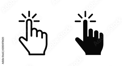 Cursor hand icon clicking with radiating lines in outline and solid black vector art representing selection and interaction