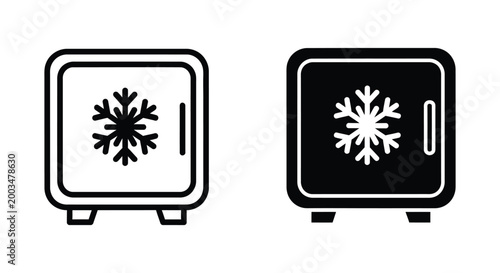 Refrigerator icon with snowflake symbol in outline and solid black vector art representing cold storage and freezing technology