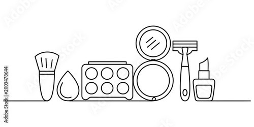 Continuous one line drawing of makeup and beauty cosmetic tools including brush sponge palette powder razor and lipstick set for fashion Vector, illustration