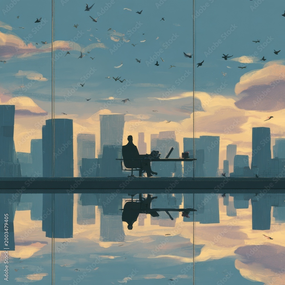 Obraz premium Pigeon in business suit at glass desk reviewing reports with city skyline at afternoon