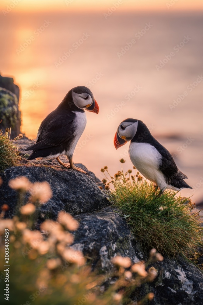 Fototapeta premium Two Adorable Atlantic Puffins Perched on a Grassy Coastal Cliff During a Golden Hour Sunset Over the Ocean, Beautiful Wildlife Photography for Nature Conservation, Travel, and Environmental Branding